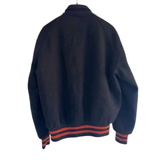 Vintage 90s DeLong Woman's Sz 36 (S) Varsity Bomber Jacket Black Orange Wool USA